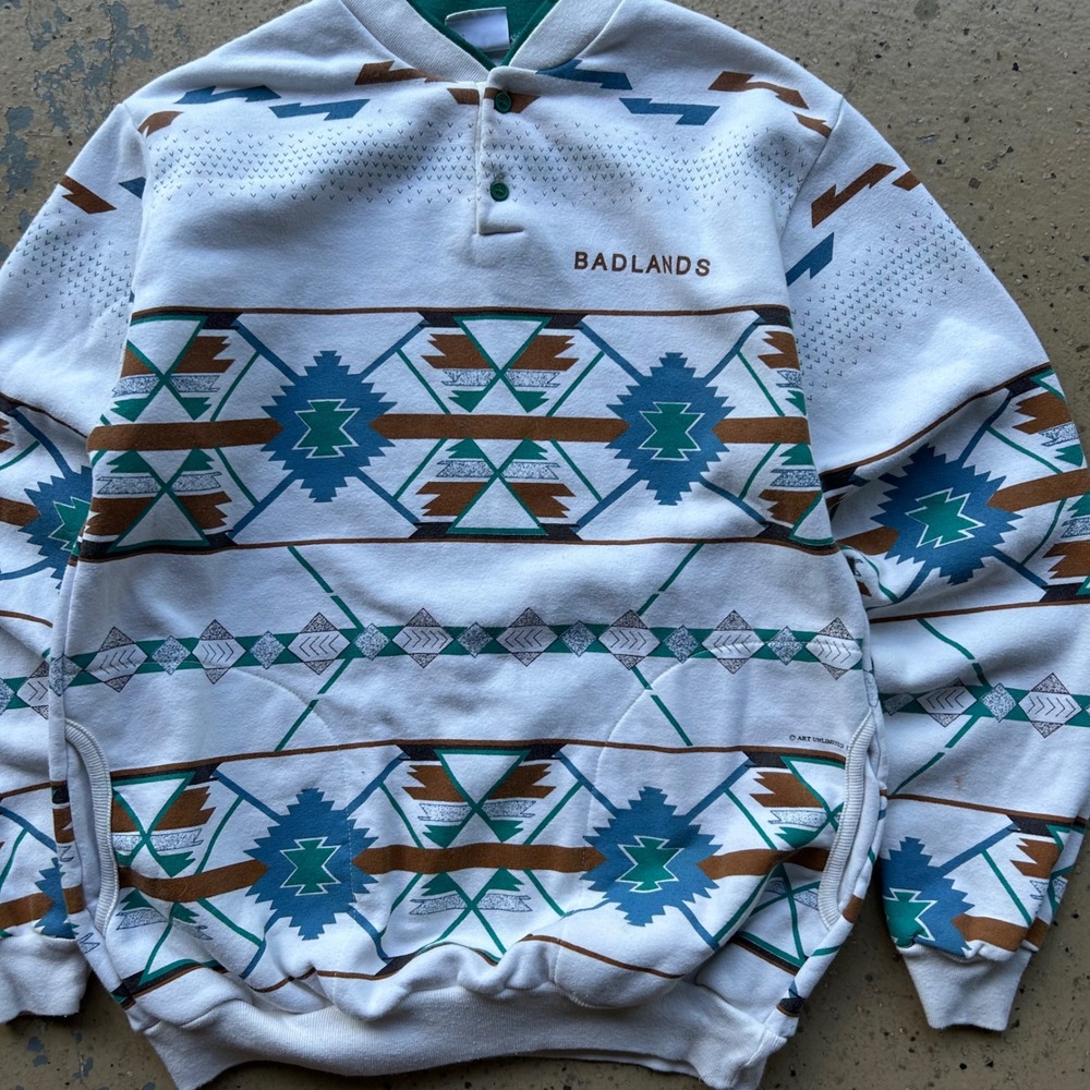 90s Vintage Sportswear Badlands Aztec Southwestern Henley Sweatshirt Mens Medium